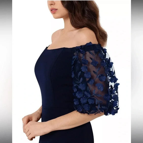 Xscape - Off-The-Shoulder Floral-Sleeve Gown - Navy Blue - Size 4P - EUC!! - Picture 7 of 16
